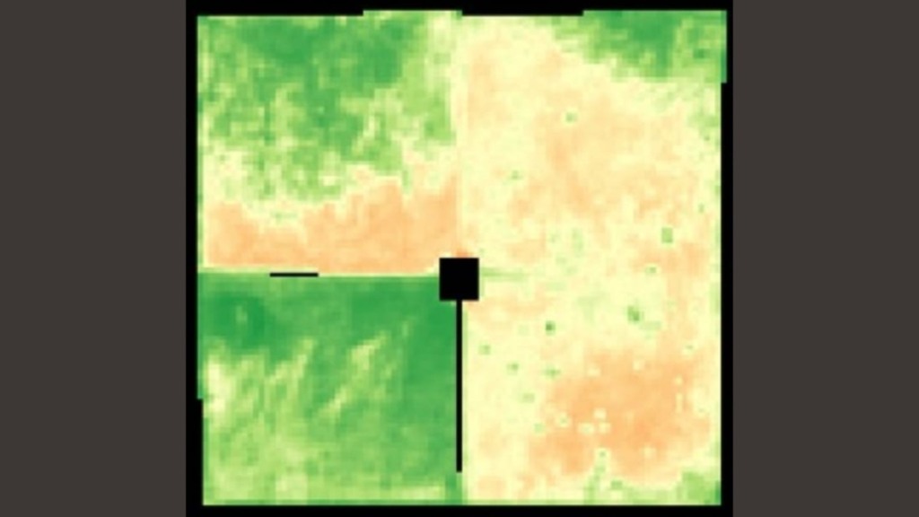 Imagem de satélite mostra o pasto rotacionado de 4 piquetes grandes com bebedouro no centro e o capim degradando só centro para fora. Foto: Reprodução