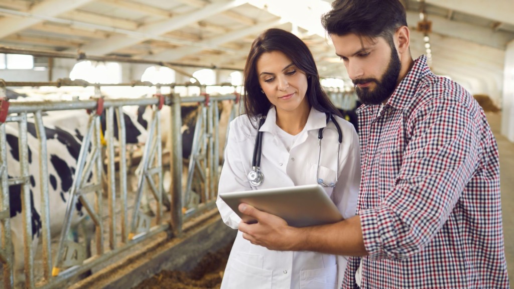Médica-veterinária e produtor na fazenda. Foto: Canva