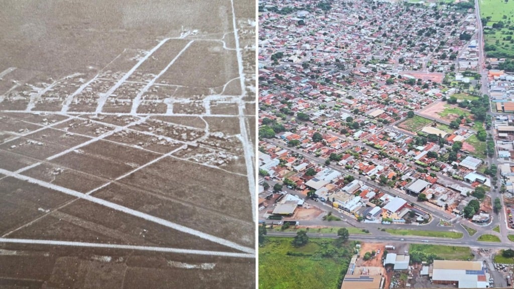 Antes e depois da cidade de Ivinhema (MS), fundada pelo pai de Lídia. Foto: Divulgação.